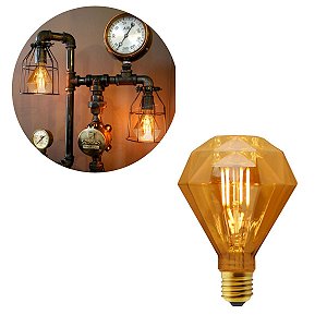 Lâmpada Diamante Filamento Led Vintage 4W Bocal Rosca E27 Luz 2200K Âmbar D95 Bivolt Para Decoração