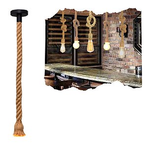 Pendente Corda Sisal 1,80M Para Nó Laço Retro Rústico Vintage Com Soquete Bocal E27 E Canopla De Metal Para Teto