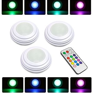 Kit 3 Spots Luminárias Lâmpadas Redondas Sem Fio RGB Coloridas Multicolor Led Com Controle Remoto Para Paredes Armários