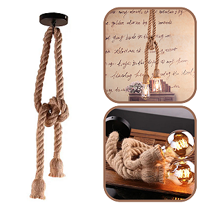 Pendente Corda Sisal Dupla 1,60M Lustre Vintage Retro Rústico Para Nó Com 2 Bocais E27 E Canopla De Metal Para Teto