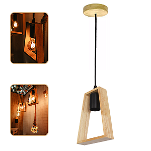 Lustre Pendente Rústico Pirâmide Em Madeira Tampa Canopla Regulável 1,20M Para Teto Fio PP Bocal Soquete E27 Bivolt