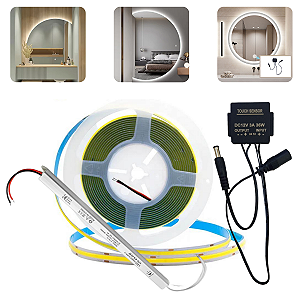 Fita Led Cob 5m 12v 320 Leds/m + Botão Espelho Touch + Fonte