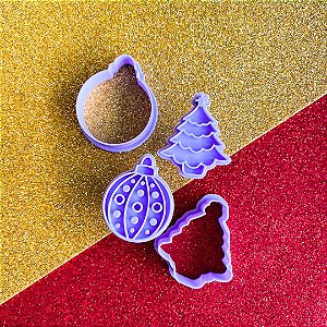 Kit cortador com carimbo de biscoito de árvore e bola de natal
