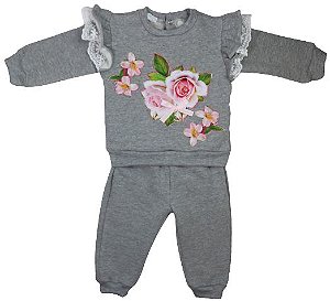 Conjunto Moletom Menina Rosas E Rendas Roana Cinza