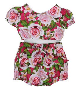 Cropped Com Short Menina Rosas Roana - Rosa