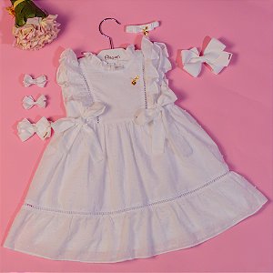 Vestido Infantil com Calcinha Magia do Meu Batizado Branco Roana