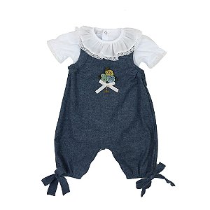 Jardineira Infantil com Body Feminino Xadrez e Flores Roana