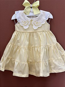 Vestido Infantil Flores Gola Rechilieu Amarelo Roana
