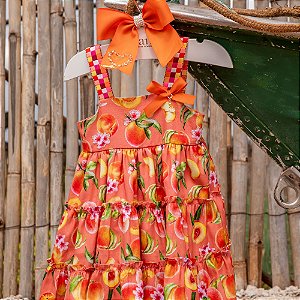 Vestido Infantil Pêssegos e Flores Estampado Roana