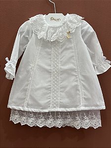 Vestido Infantil de Batizado Bordados e Rendas com Body Delicadeza Roana