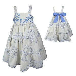 Vestido Infantil Blue Lilac Bordado à Mão com Laço Roana