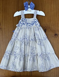 Vestido Infantil Blue Lilac Bordado à Mão com Laço Roana