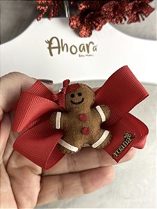Laço Médio Menina Biscoito Luz de Natal na Presilha - Vermelho