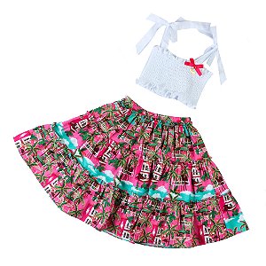 Conjunto Infantil Cropped com Saia Caraíbas Estampado Roana