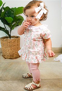 Conjunto Infantil Bata e Legging Jardim Borboletando Rosa Roana