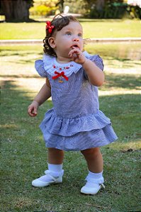 Vestido Infantil com Calcinha Pétalas do Mar Listrado Azul Marinho Roana