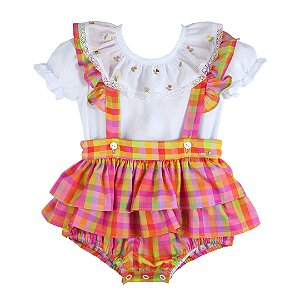 Jardineira Infantil com Body Xadrez das Tulipas Colorido Roana