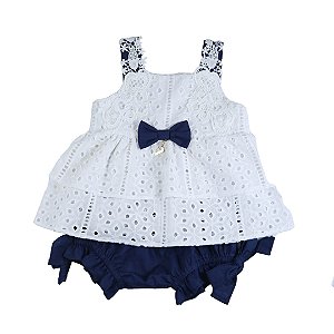 Conjunto Infantil Bata com Culote ou Short Flores Xadrez Marinho Roana