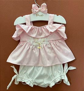 Conjunto Infantil Bata com Culote ou Short Flores e Cetim Rosa Roana