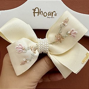 Laço Infantil Grande de Gorgurao Grid Flores Bordadas Roana