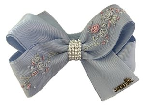 Faixa de Cabelo Infantil com Laço Grande Gorgurão Bordado Azul Bebe Roana
