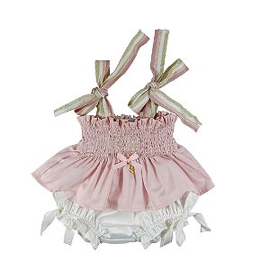 Conjunto Infantil Bata com Culote ou Short Brilho de Flor Rosa Roana