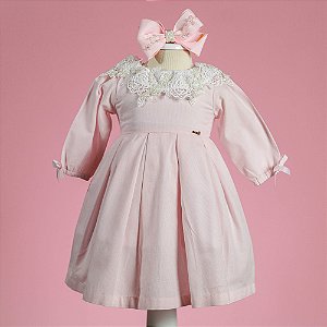 Vestido Infantil com Renda Poemas das Flores Manga Longa Rosa Roana
