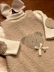Vestido Infantil com Blusa Gola Alta Meu Ursinho de Pelúcia Marfim Roana