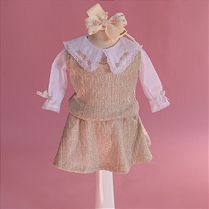 Conjunto Infantil Dourado Blusa Pulôver com Saia Grid de Amor Roana