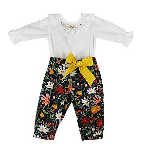 Conjunto Infantil com Blusa Manga Longa e Calça Flores de Outono Estampado Roana