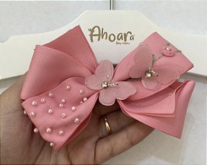 Laço Infantil Grande de Gorgurão Borboletas 3D Bordado Rosa Roana