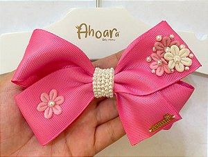 Laço Infantil Grande de Gorgurão Flores Aplicadas Rosa Roana