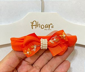 Faixa de Cabelo Infantil Pequena Bordado e Pérolas Laranja Roana