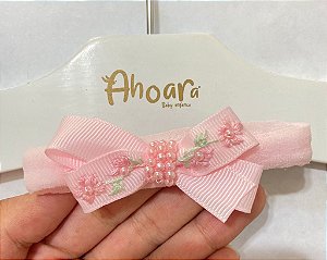 Faixa de Cabelo Infantil Pequena de Bordado e Pérolas Rosa Roana