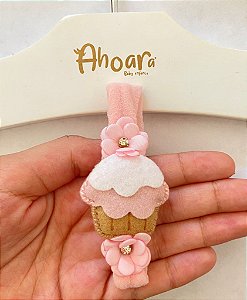 Faixa de Cabelo Infantil Média Cupcake e Flores Rosa Roana