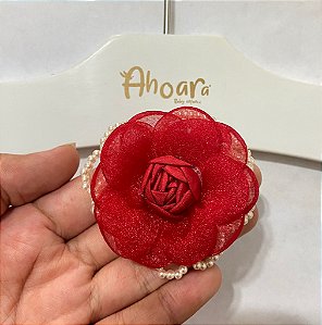 Laço Infantil Médio Flor e Pérolas Vermelho Roana