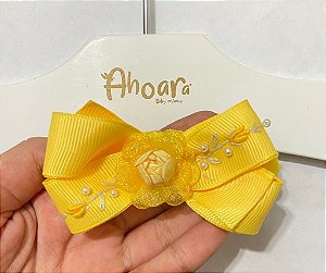 Faixa de Cabelo Infantil Média Flor e Bordado Delicado Amarela Roana