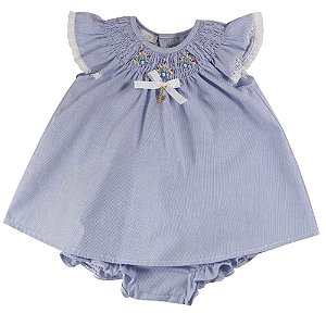 Vestido Infantil com Calcinha Bordado Contos em Tons Azuis Roana