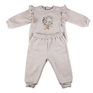 Conjunto Infantil de Moletom Babadinho Brilho de Flor Rosa Seco Roana