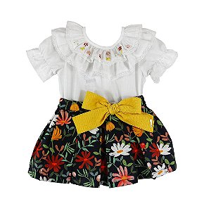 Conjunto Infantil com Blusa Manga Curta e Saia Flores de Outono Estampado Roana