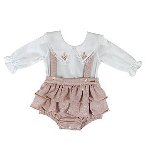 Jardineira Infantil com Body e Babadinho Brilho de Flor Rosa Roana