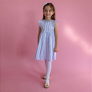 Vestido Infantil Bordado Mar de Flores Listrado Azul Roana