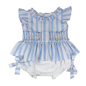 Conjunto Infantil Bata com Culote ou Short Bordado Mar de Flores Listrado Azul Roana