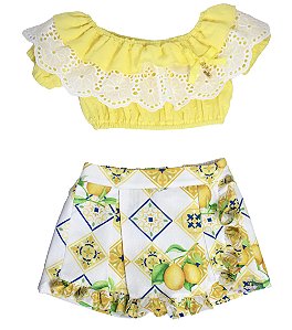 Conjunto Infantil com Cropped e Short Saia Amarelo Roana