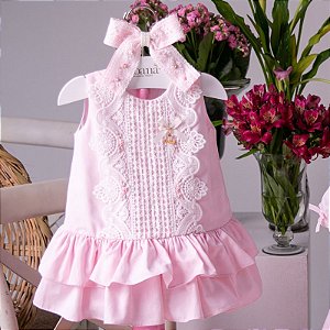 Vestido Infantil com Renda e Bordado Rosa Roana