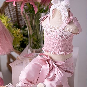 Conjunto Infantil com Cropped e Calça Rendas e Flores Rosa Roana