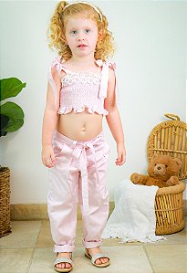 Conjunto Infantil com Cropped e Calça Rendas e Flores Rosa Roana
