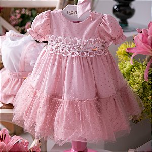 Vestido Infantil Luxo Com Tule Poá Rosa Roana