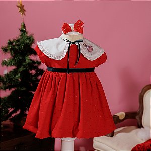 Vestido Infantil com Calcinha Festa Papai Noel Quebra Nozes Poá Vermelho Ahoara