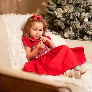 Vestido Infantil Festa Bordado a Mão Quebra Nozes Vermelho Ahoara